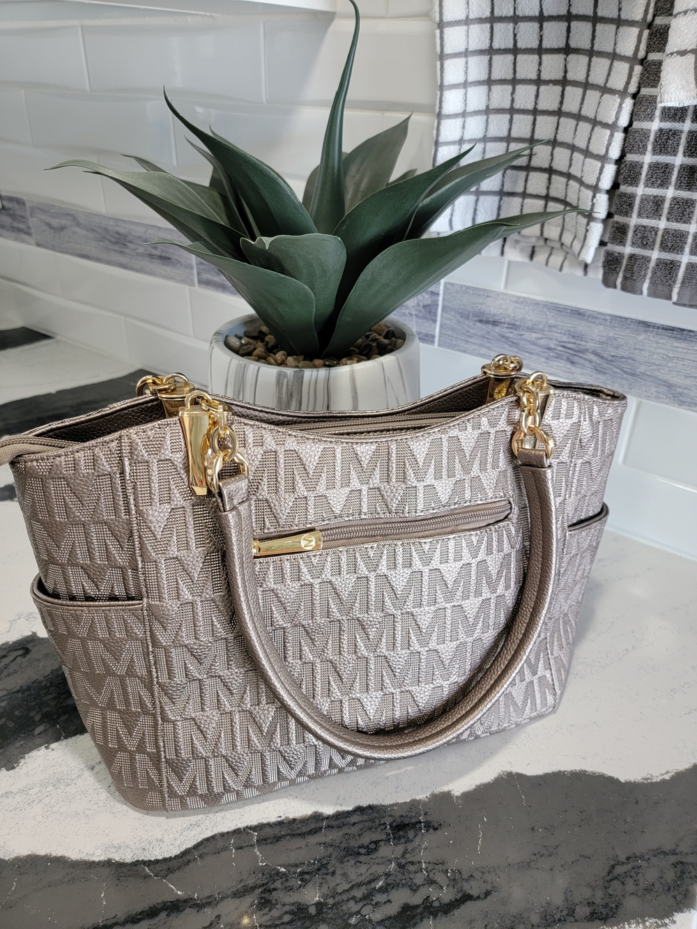 Metallic Pewter M Monogram Tote with Gold Hardware Zip Closure EUC